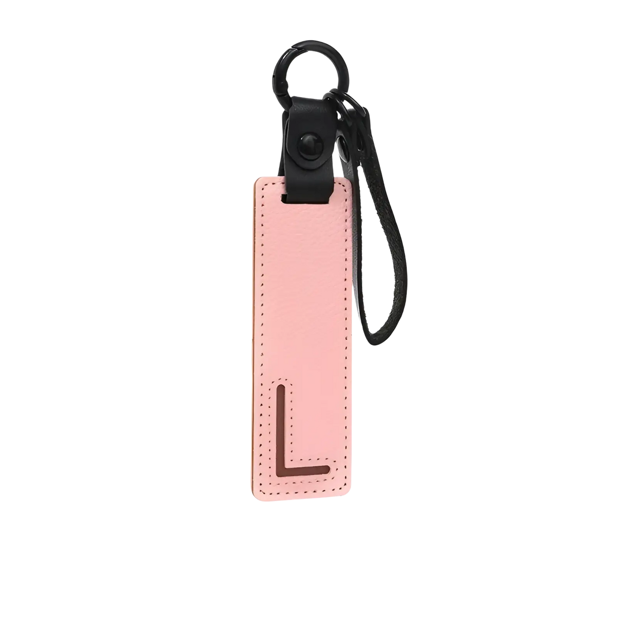 Pink leather letter keychain luggage tag with black strap metal ring and embossed dark brown letter l pendant