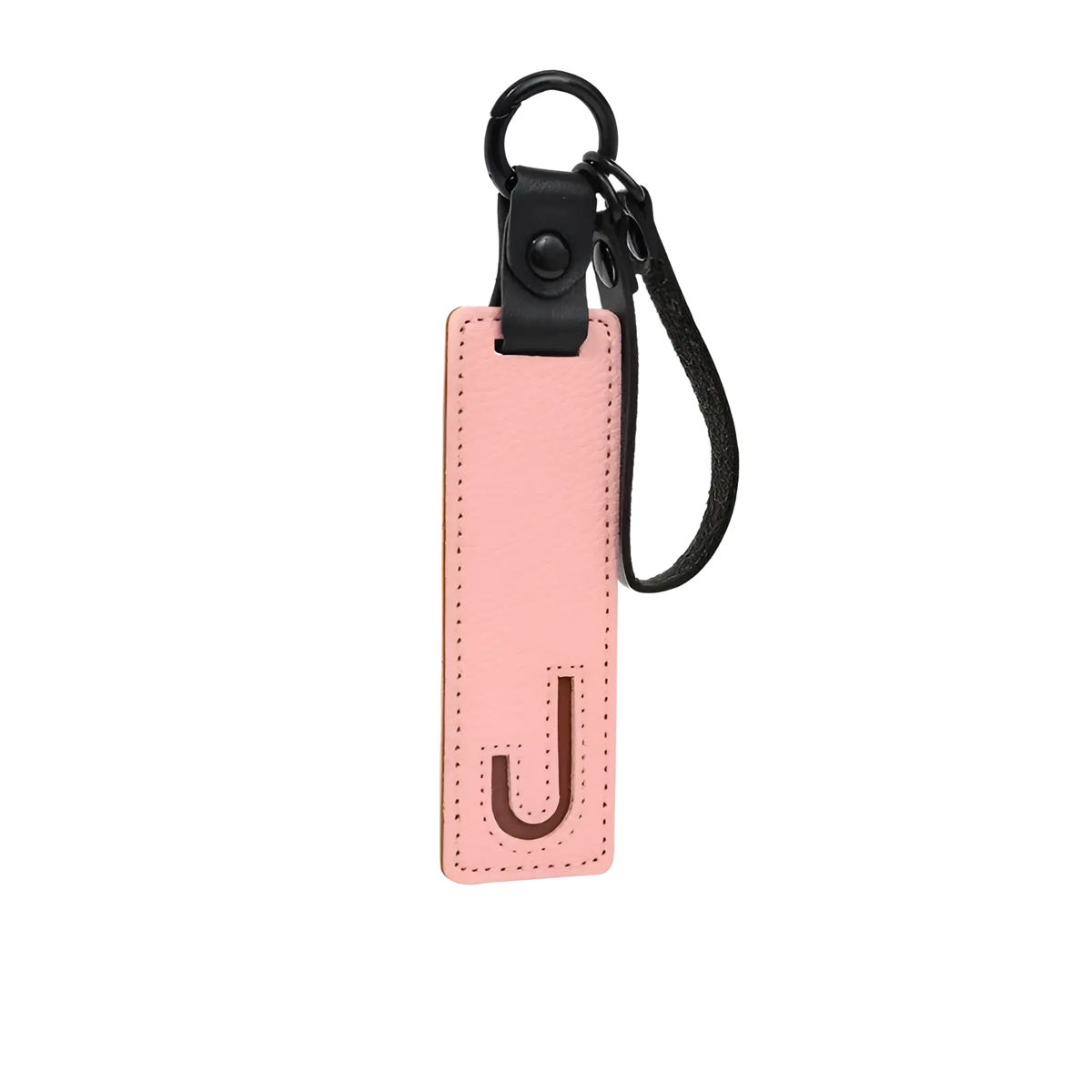 Pink leather luggage tag with stitched border and dark brown monogrammed j attached to black leather strap and metal ring