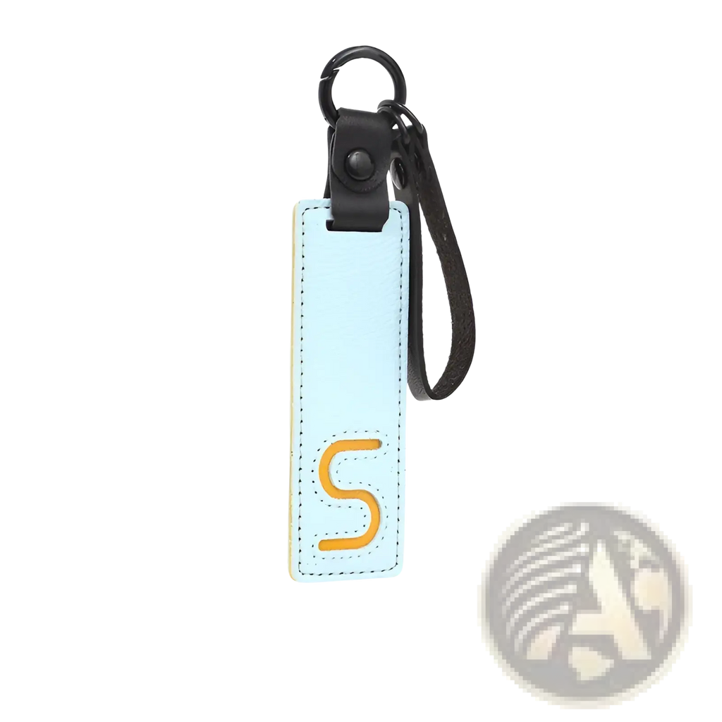 Light blue leather letter keychain with stitched orange s and black strap for alphabet pendant party gift