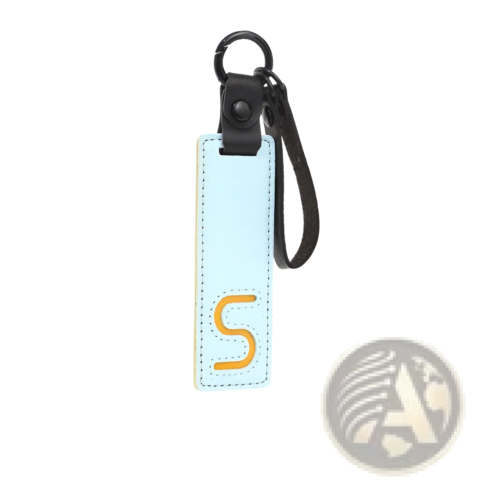 Light blue leather letter keychain with stitched orange s and black strap for alphabet pendant party gift