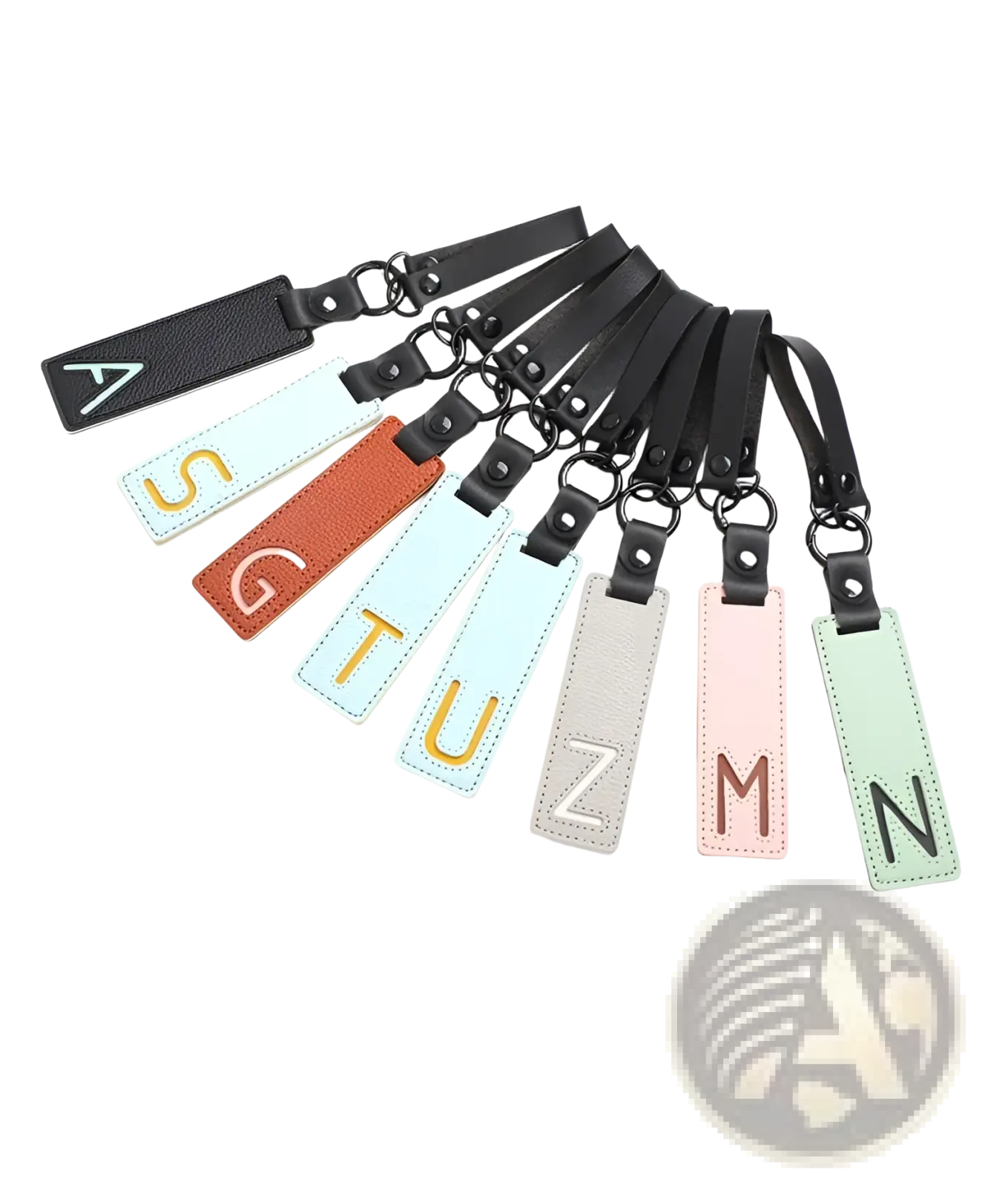 A set of colorful leather luggage tags with embroidered letters and black straps for keychain alphabet party gifts