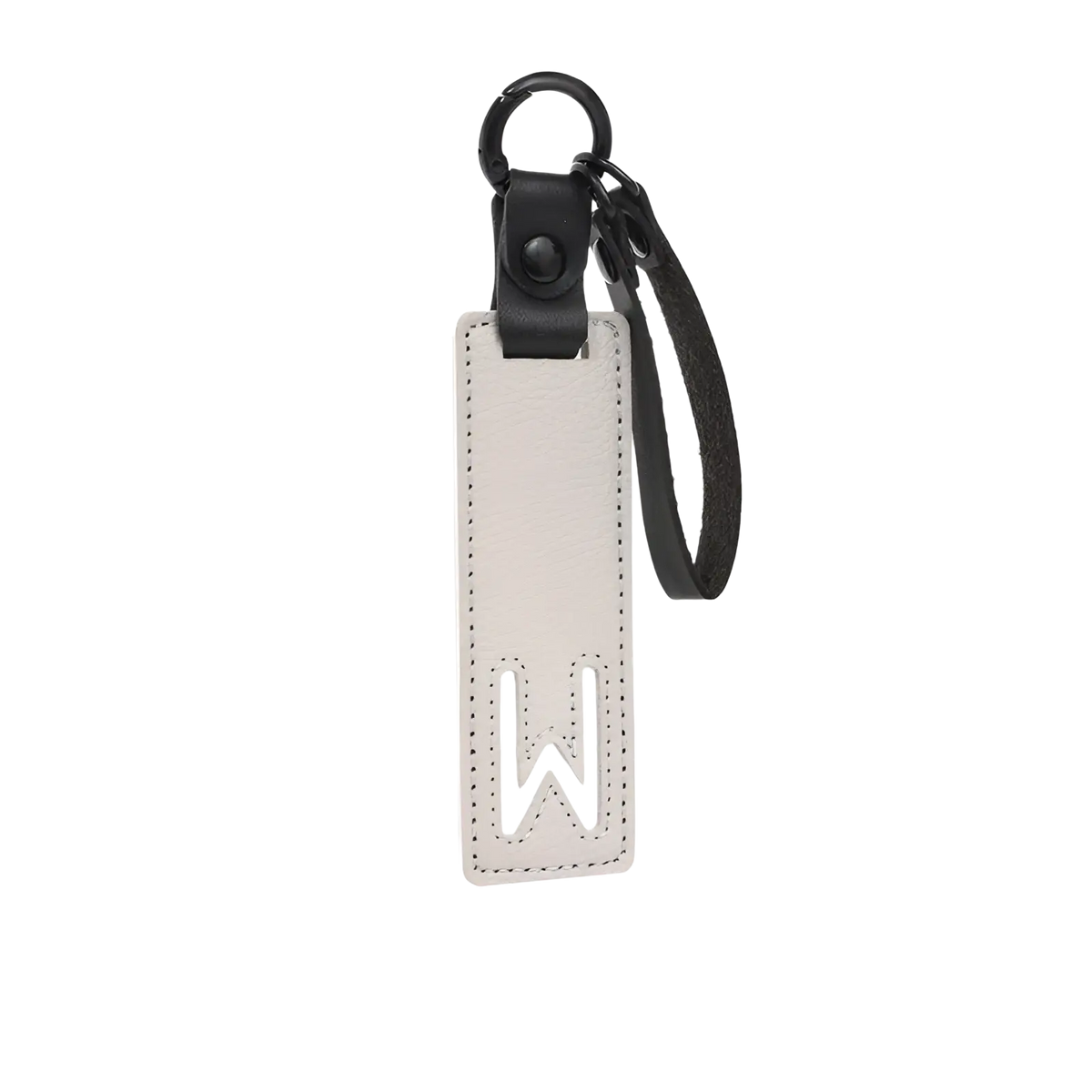 A light gray leather letter keychain with stitched white w monogram and black leather straps for party gifts