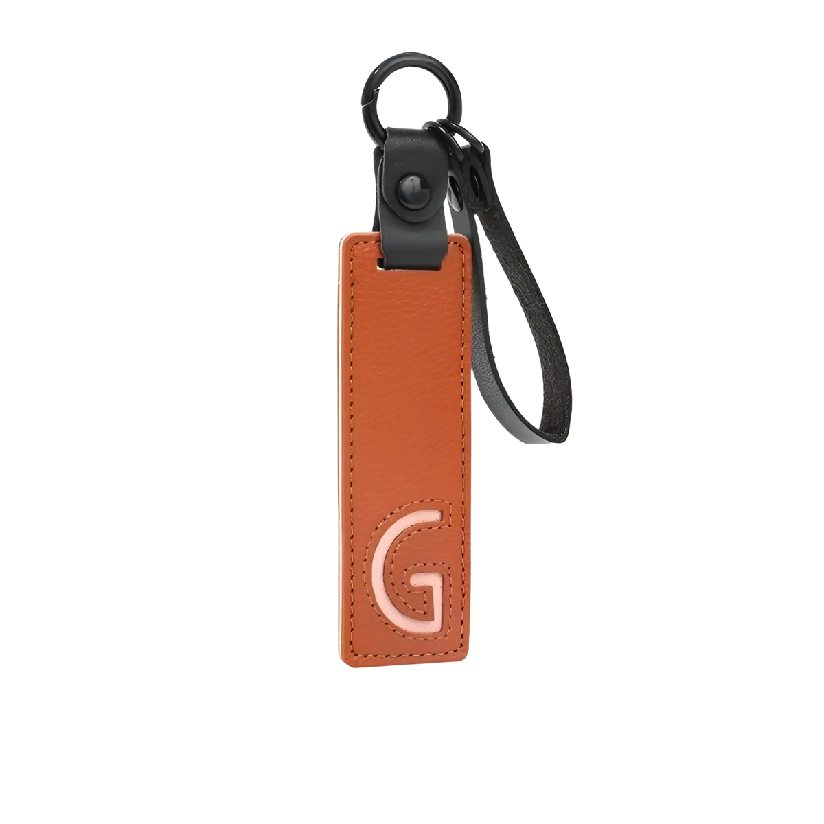A sleek tan leather letter keychain with black strap and metal ring for alphabet pendant party gift