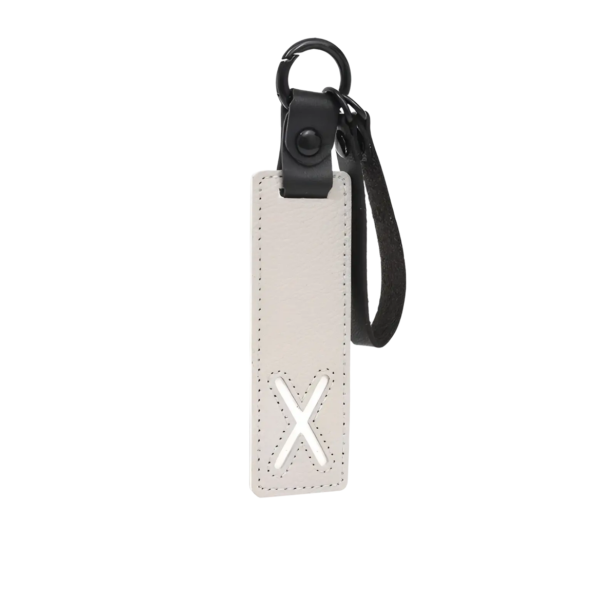 A sleek off-white leather letter keychain with black strap and metal ring perfect as alphabet pendant party gift