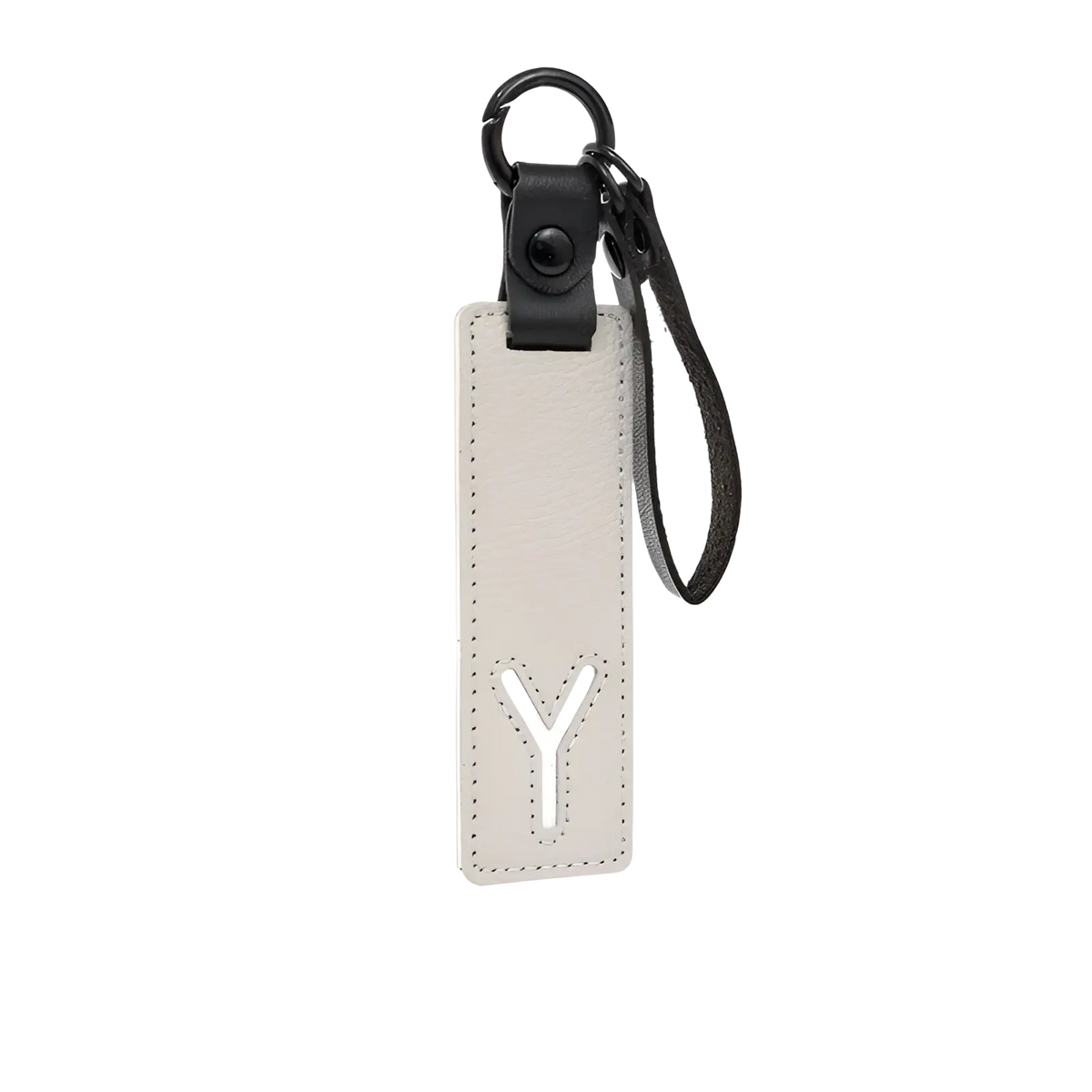 A sleek off-white leather letter keychain with stitched y and black leather straps ideal as a party gift pendant