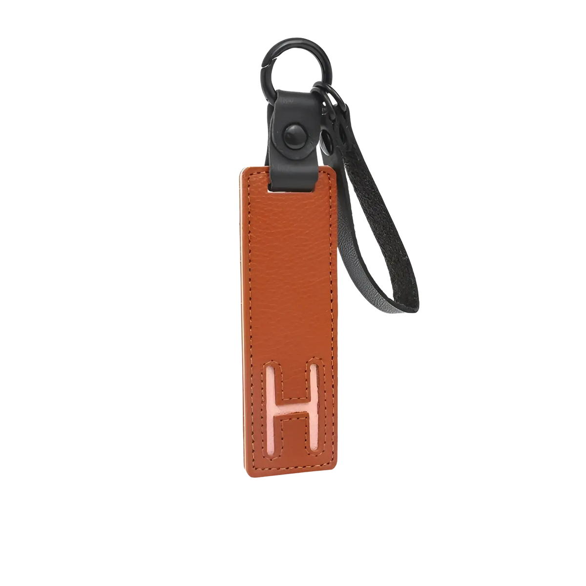 Tan leather letter keychain with embossed pink h, black strap and ring ideal as alphabet pendant party gift