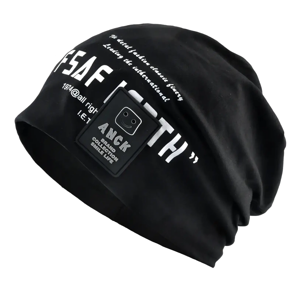 Black anck brand letter print casual streetwear beanie hat with white text and smiling face patch