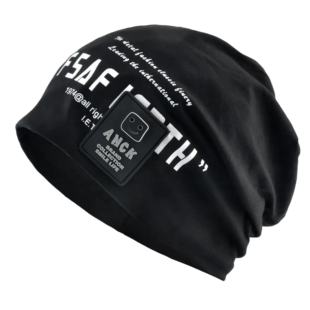 Black anck brand letter print casual streetwear beanie hat in black with white text and smiling face patch