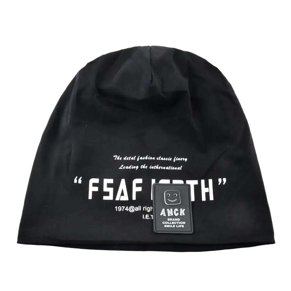 Black knit beanie hat with white letter print and small black anck brand patch for casual streetwear use