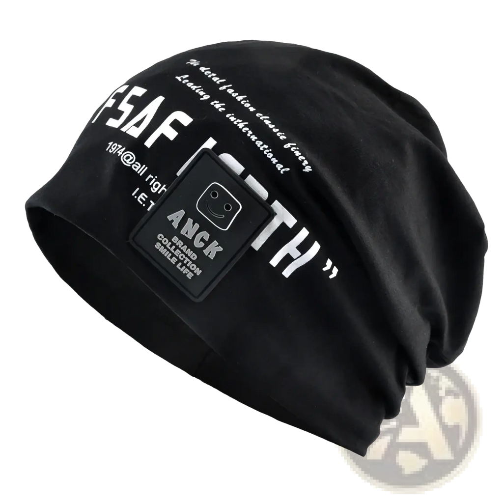 Black slouchy beanie hat with white letter print and black anck logo patch, perfect for casual streetwear
