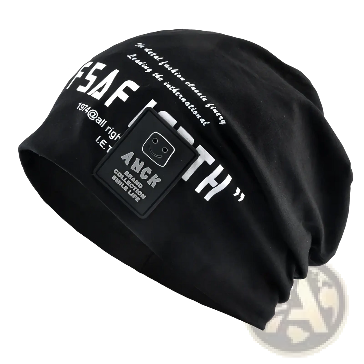 Black slouchy beanie hat with white letter print and black anck logo patch, perfect for casual streetwear
