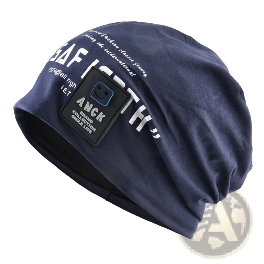 Navy blue cotton beanie with white lettering and black smiling face patch for casual streetwear use