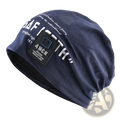 Navy blue cotton beanie with white lettering and black smiling face patch for casual streetwear use