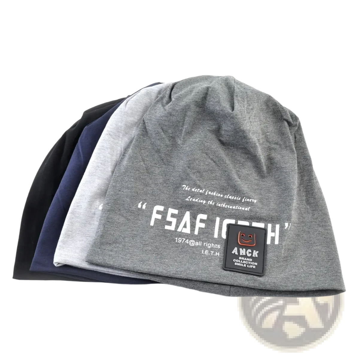 Gray heathered knit letter print casual streetwear beanie hat with white text and black patch featuring orange smiley face logo