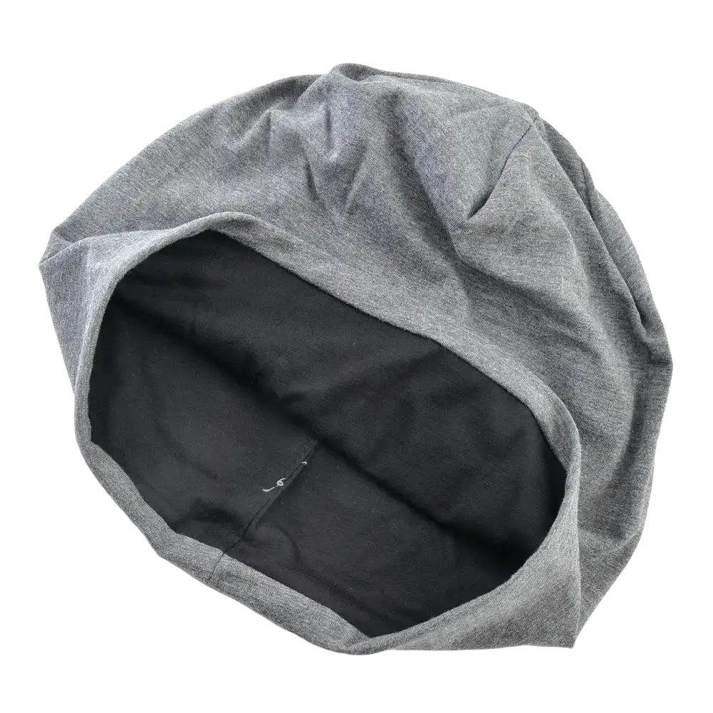 Gray knit beanie hat with black interior lining featuring letter print for casual streetwear use
