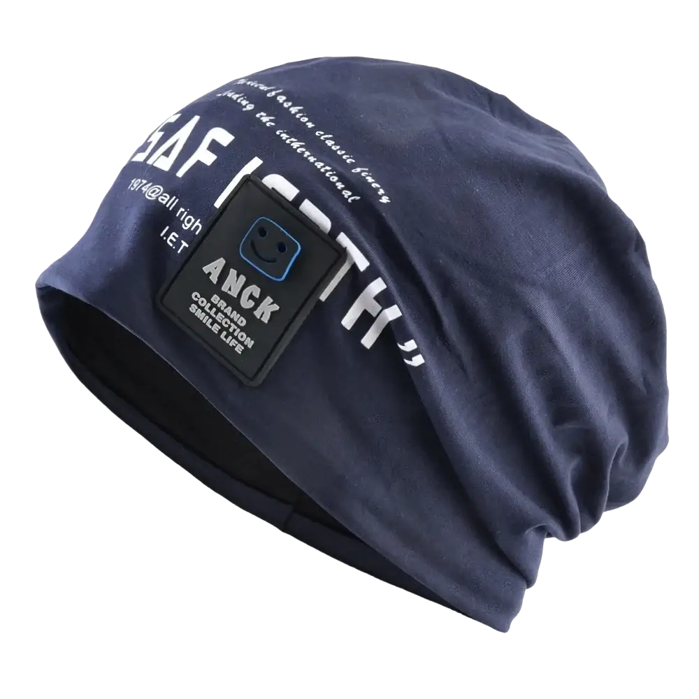 Navy blue cotton beanie with white lettering and black smiling face patch for casual streetwear use