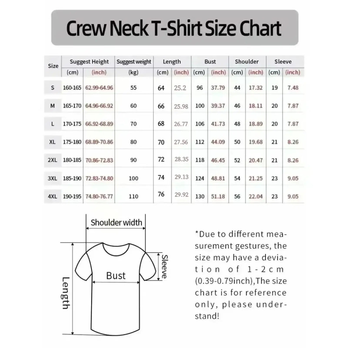 Levis ackerman attack on titan crew neck t-shirt size chart with measurements in centimeters and inches for sizes s to 4xl