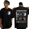 Black short-sleeved Levi Ackerman Attack on Titan graphic t-shirt with white and gray insignia details