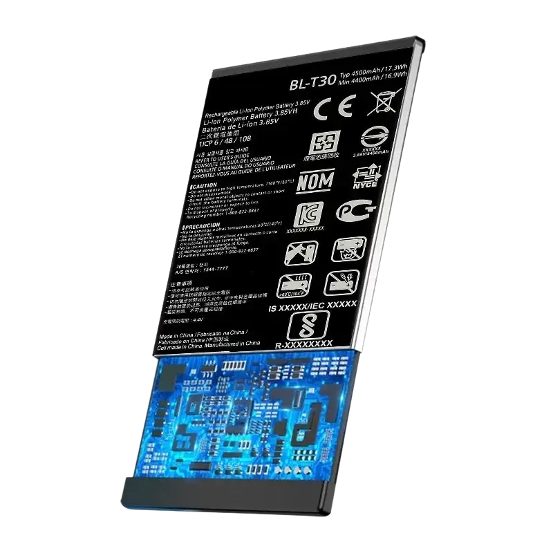 Black rectangular lg x power 2 high capacity replacement battery bl t30 showing blue circuit board and quality certification text