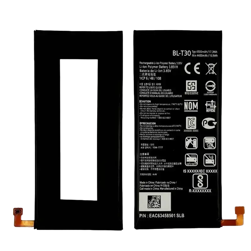 Black rectangular lithium polymer lg x power 2 high capacity replacement battery bl t30 with white printed specifications