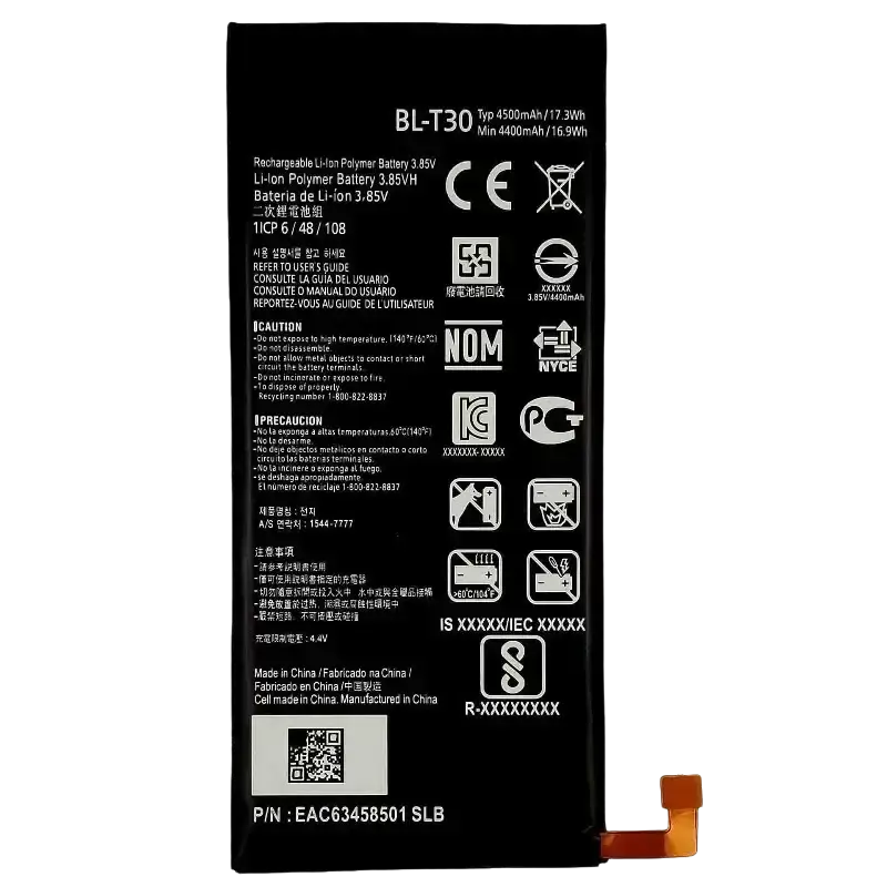 Black rectangular LG x Power 2 high capacity replacement lithium-ion polymer battery with white printed specifications and logos