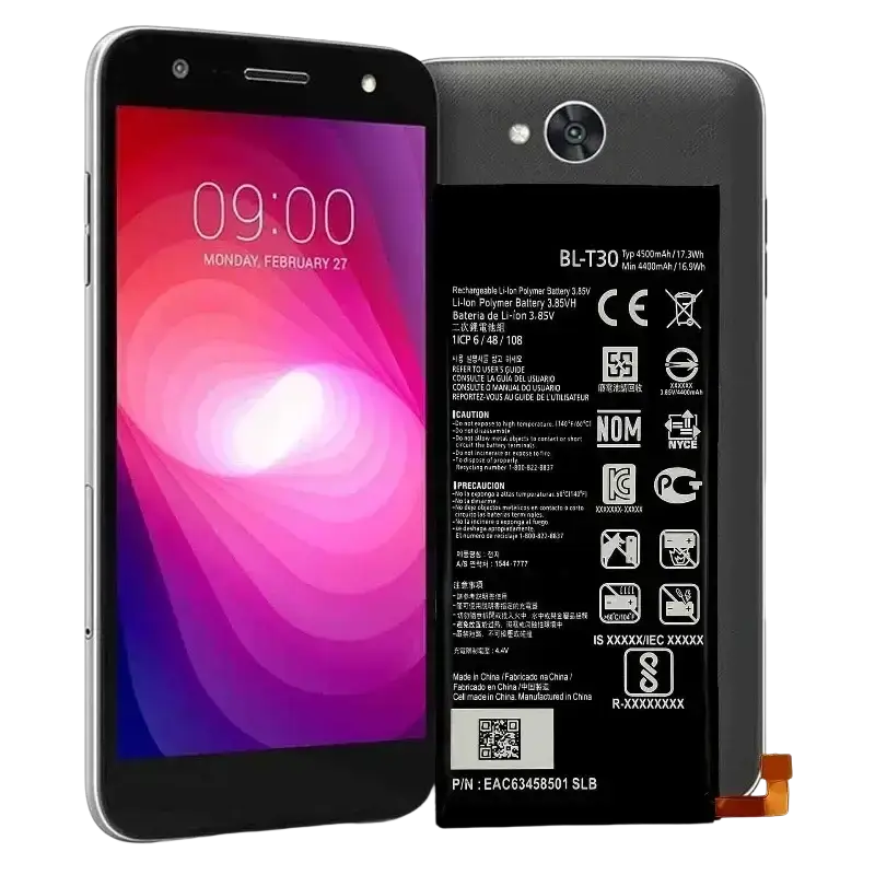 Black lg x power 2 smartphone with silver bezel and vibrant screen displaying 9 am featuring high capacity replacement battery bl t30