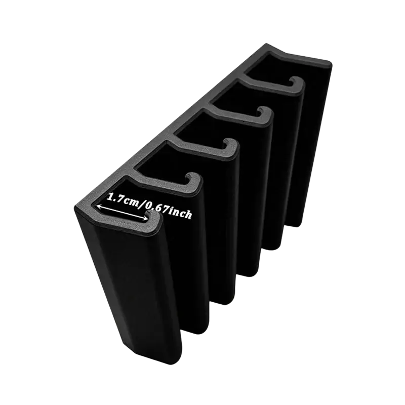Black plastic l-shaped corner trim pieces 10.4cm with curved edge for precise fitting in lid storage rack space saving holder