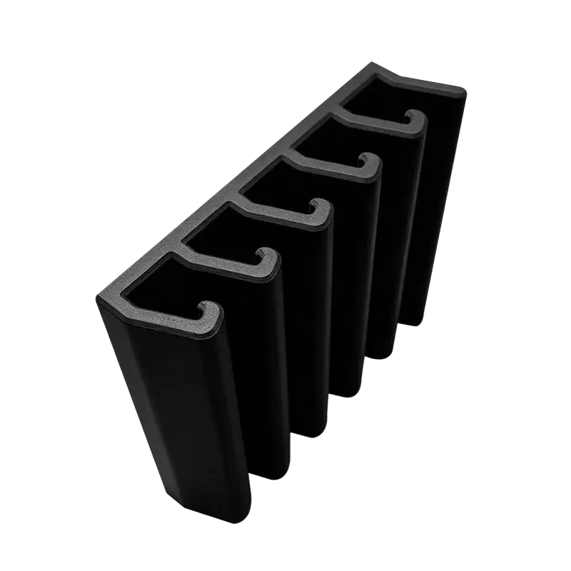 Black plastic u-shaped lid storage rack with curved hooks for space saving lid storage and organization