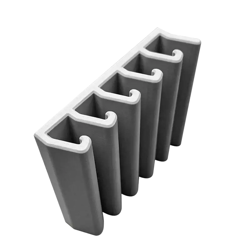 Gray plastic c-channel rail with smooth matte finish and rectangular profile for space saving lid storage rack