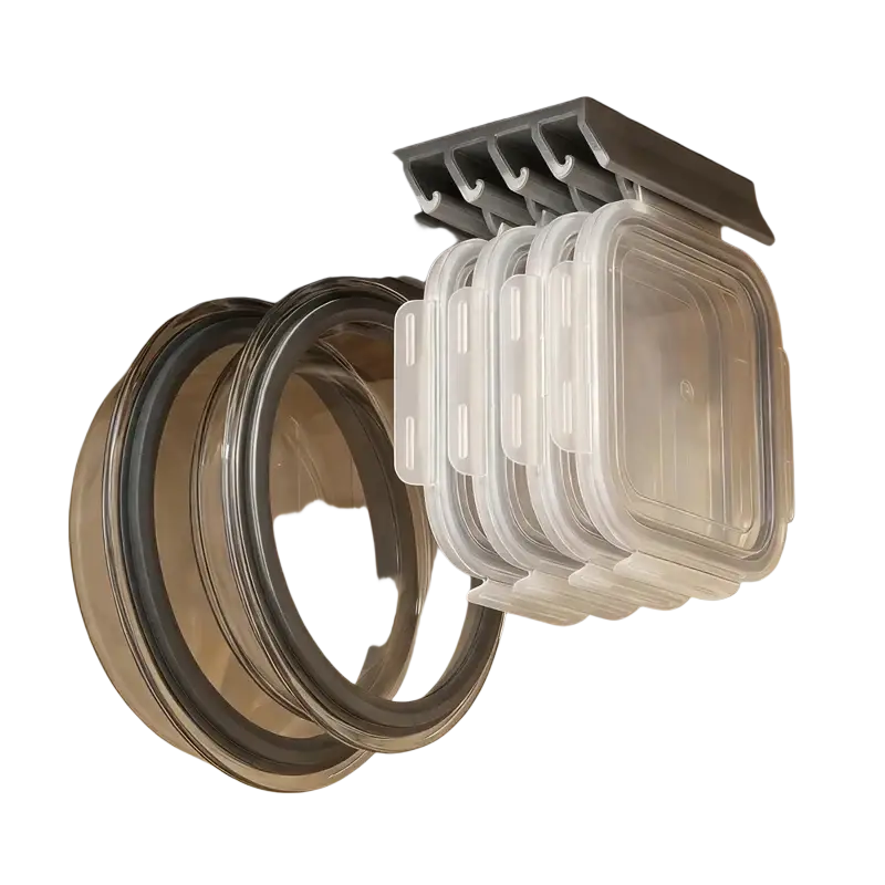 Gray plastic under-shelf lid storage rack holding clear glass containers for space saving lid storage organization