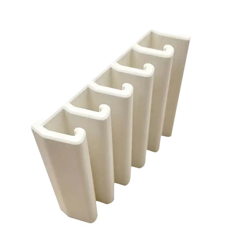 Off-white plastic u-channel connectors with smooth surface arranged in a row for space saving lid storage rack