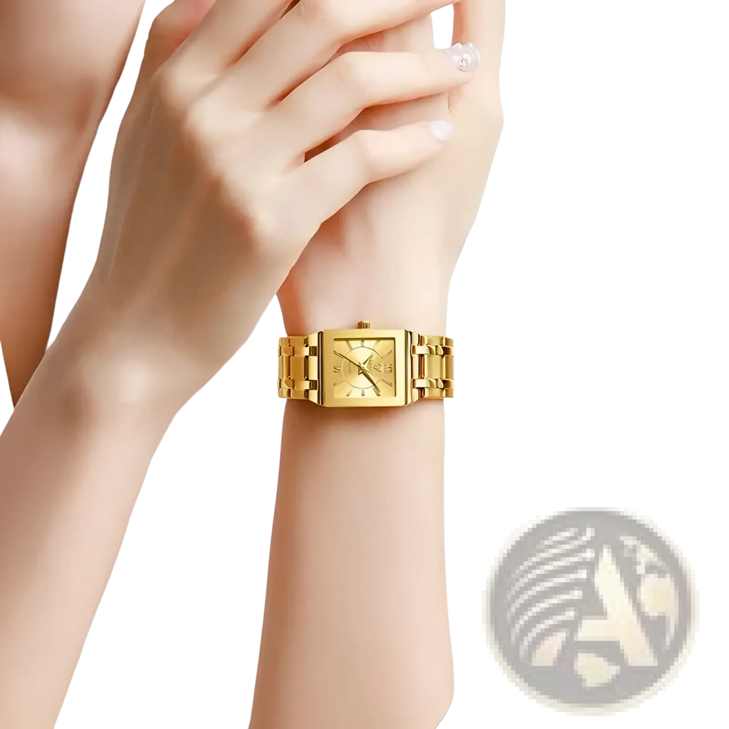 Liebig gold rectangular quartz watch with gold bracelet and minimalist dial in gold stainless steel finish