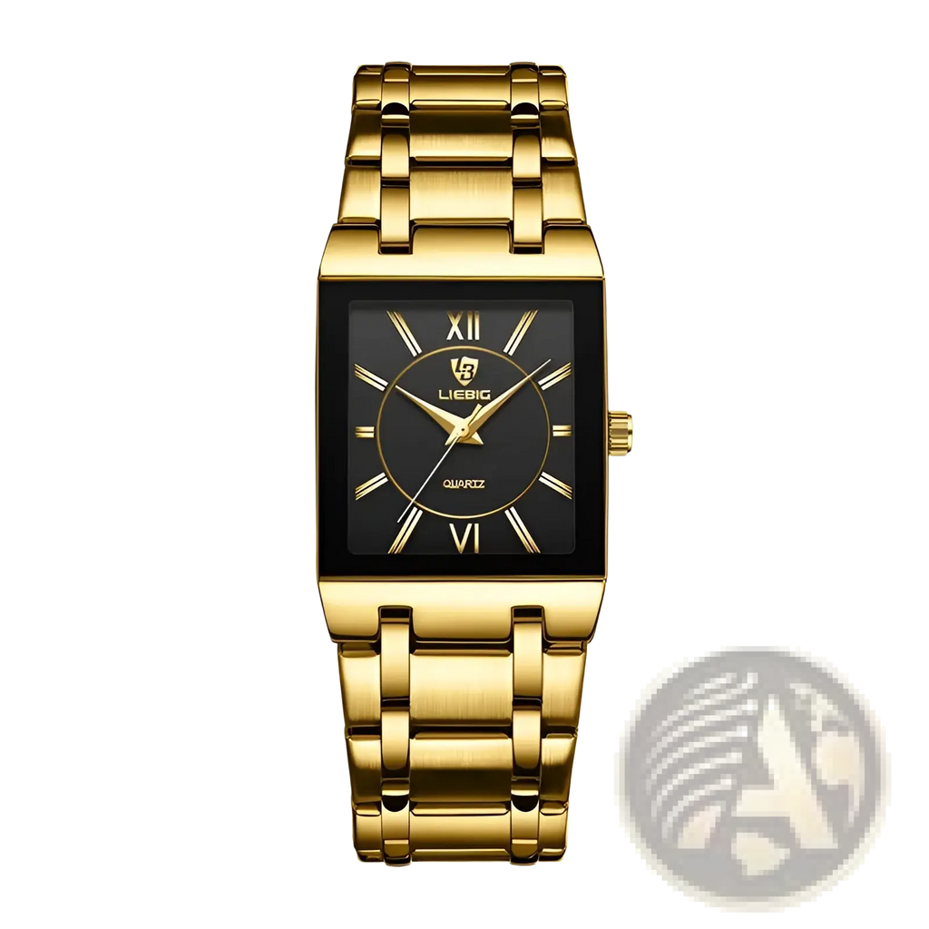 Liebig gold rectangular quartz watch with black dial roman numeral markers and polished gold-tone metal bracelet