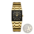 Liebig gold rectangular quartz watch with black dial roman numeral markers and polished gold-tone metal bracelet