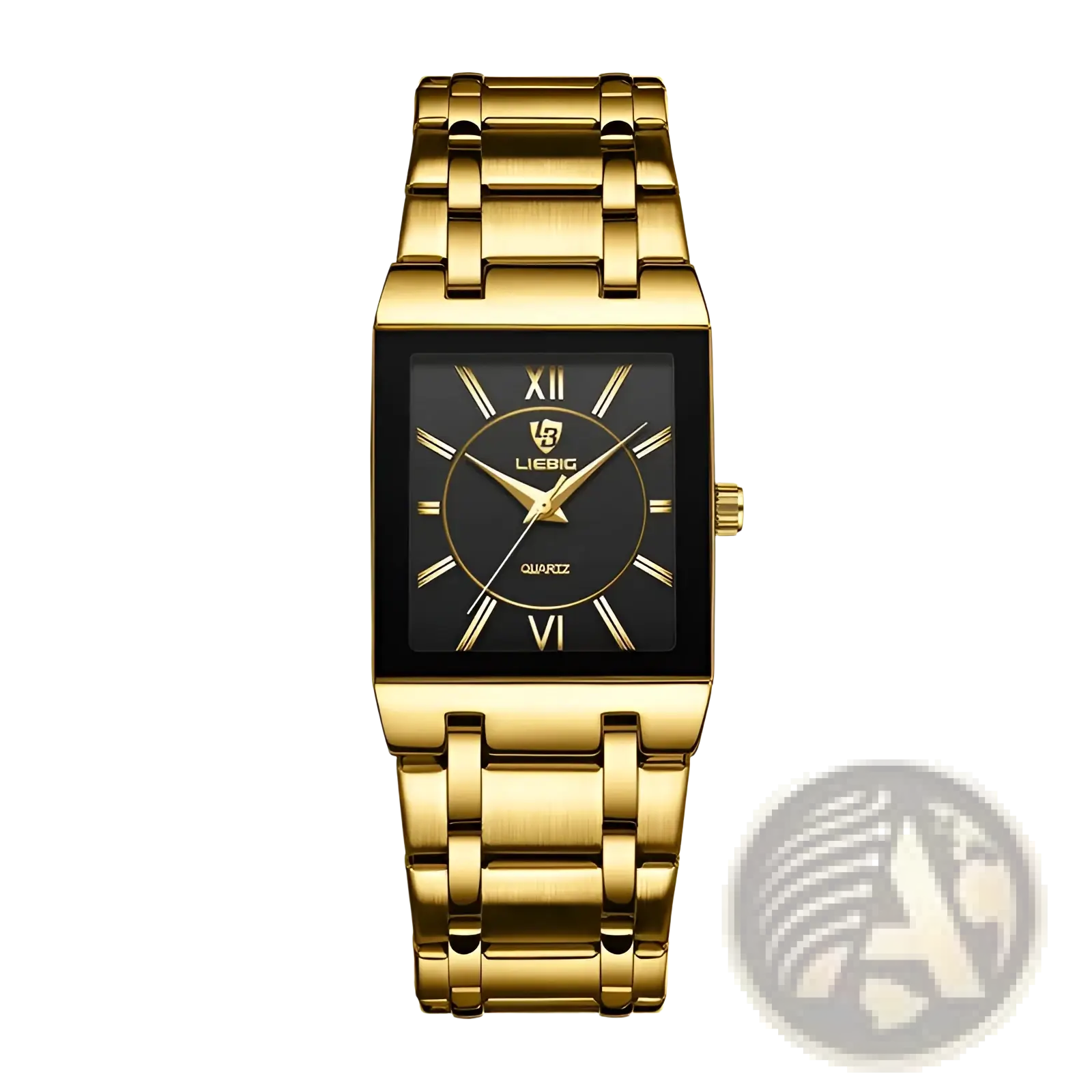 Liebig gold rectangular quartz watch with black dial roman numeral markers and polished gold-tone metal bracelet