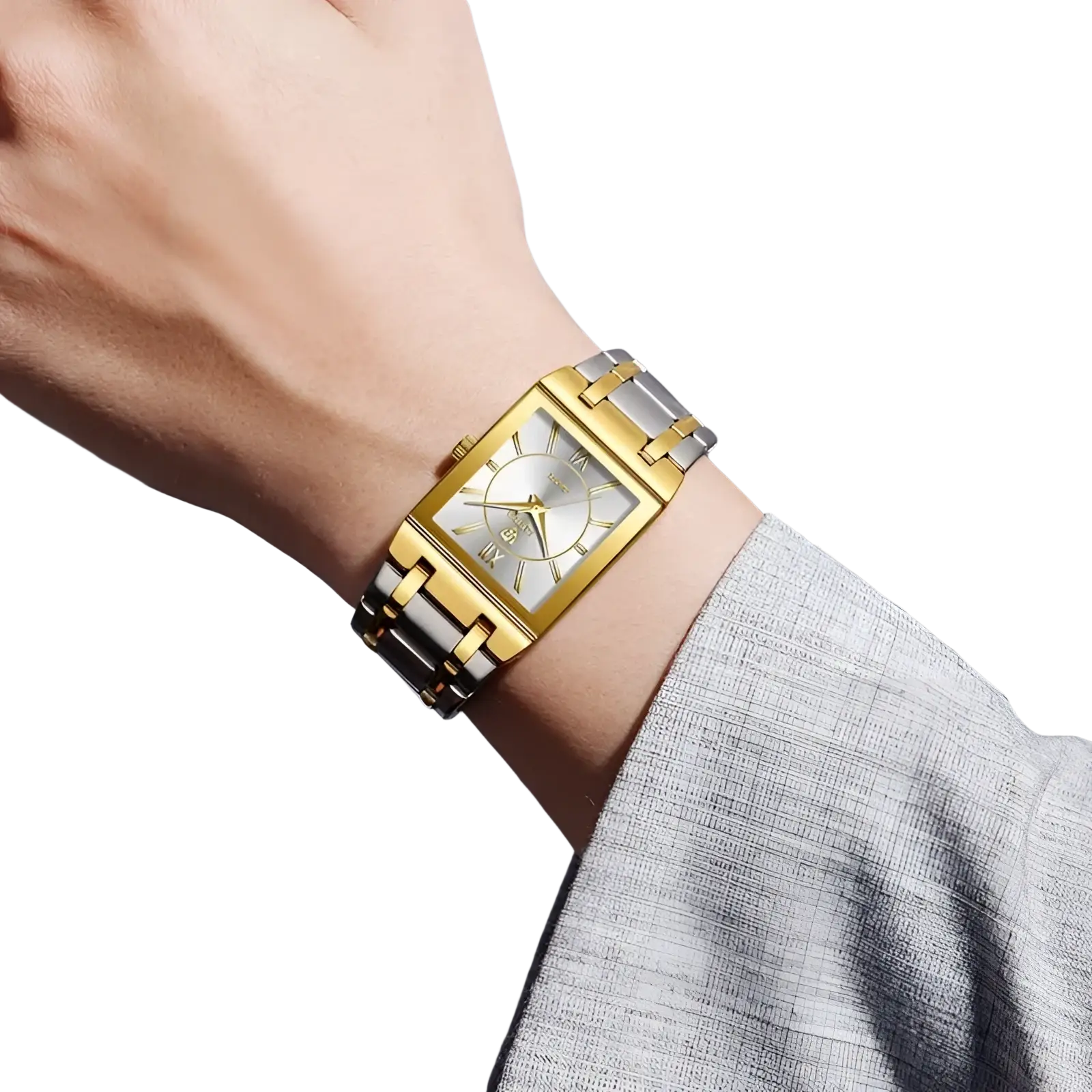 Liebig gold rectangular quartz watch with gold and silver two-tone case and classic dial worn on wrist