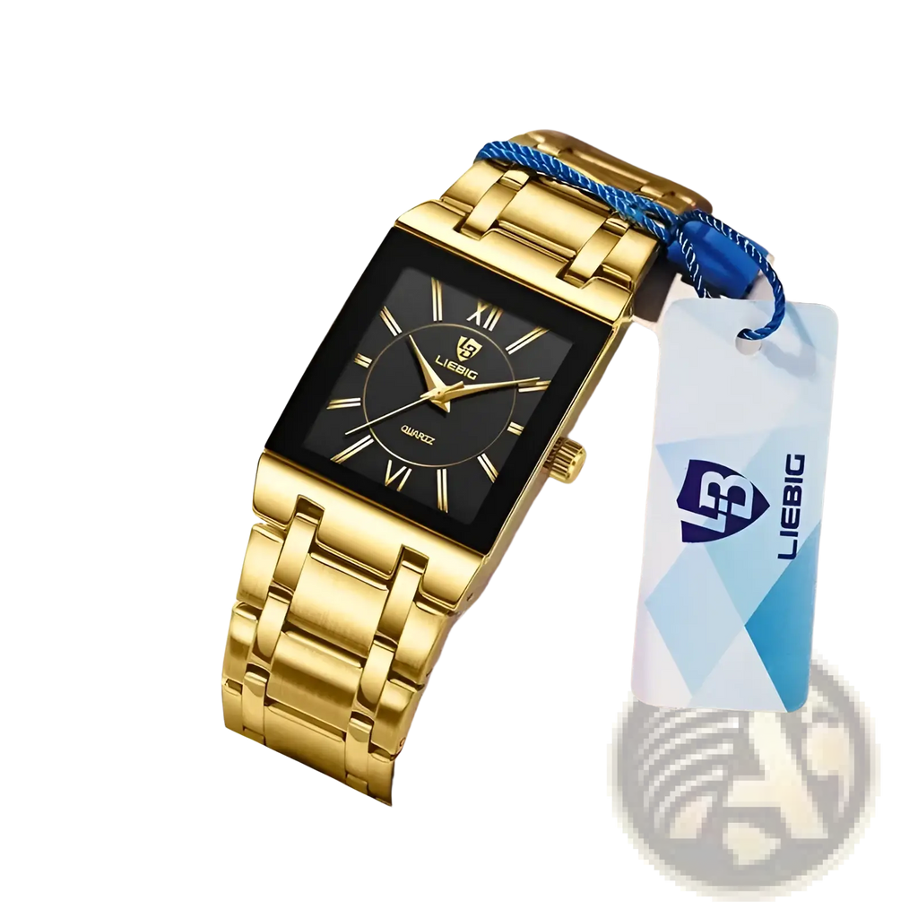 Liebig gold rectangular quartz watch with black dial roman numeral markers and gold-toned metal bracelet