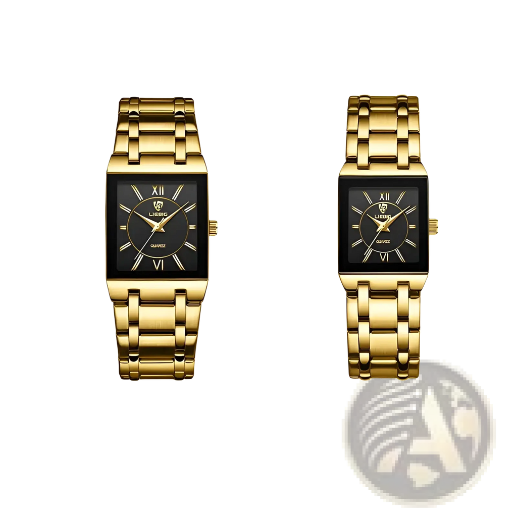 Liebig gold rectangular quartz watch with black dial roman numerals and sleek gold-tone metal bracelet