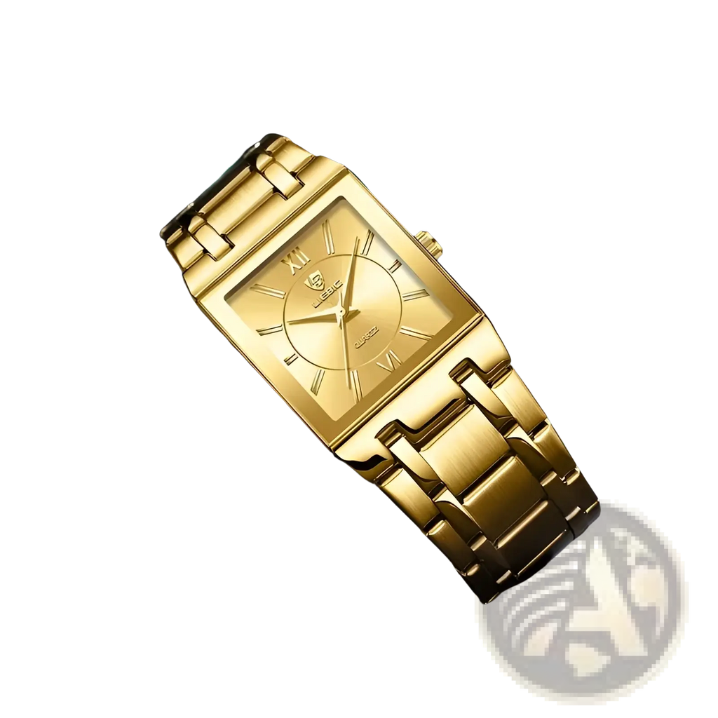 Liebig gold rectangular quartz watch with polished stainless steel bracelet and roman numeral hour markers