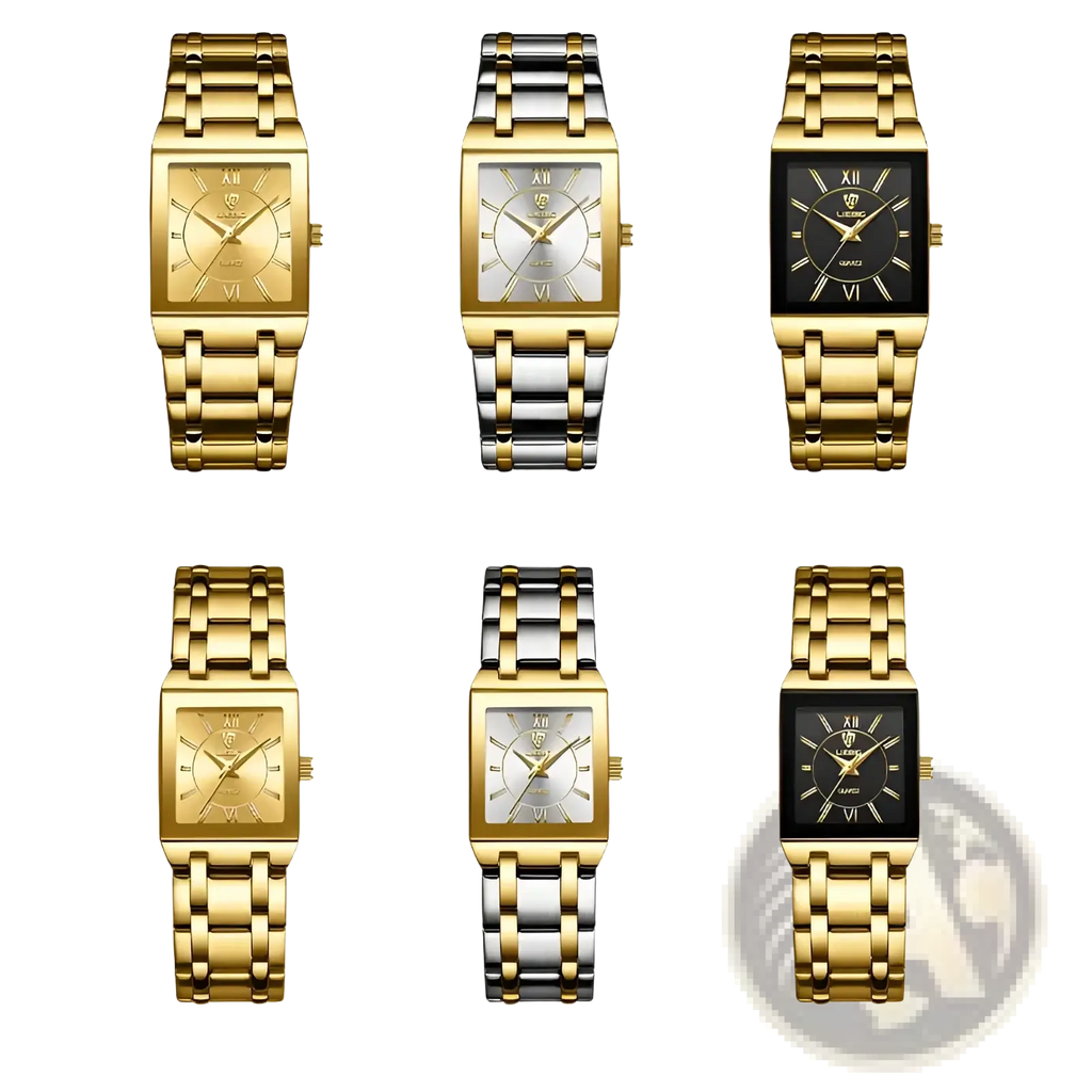 Liebig gold rectangular quartz watch with gold-toned roman numeral dial and stainless steel link bracelet for men and women