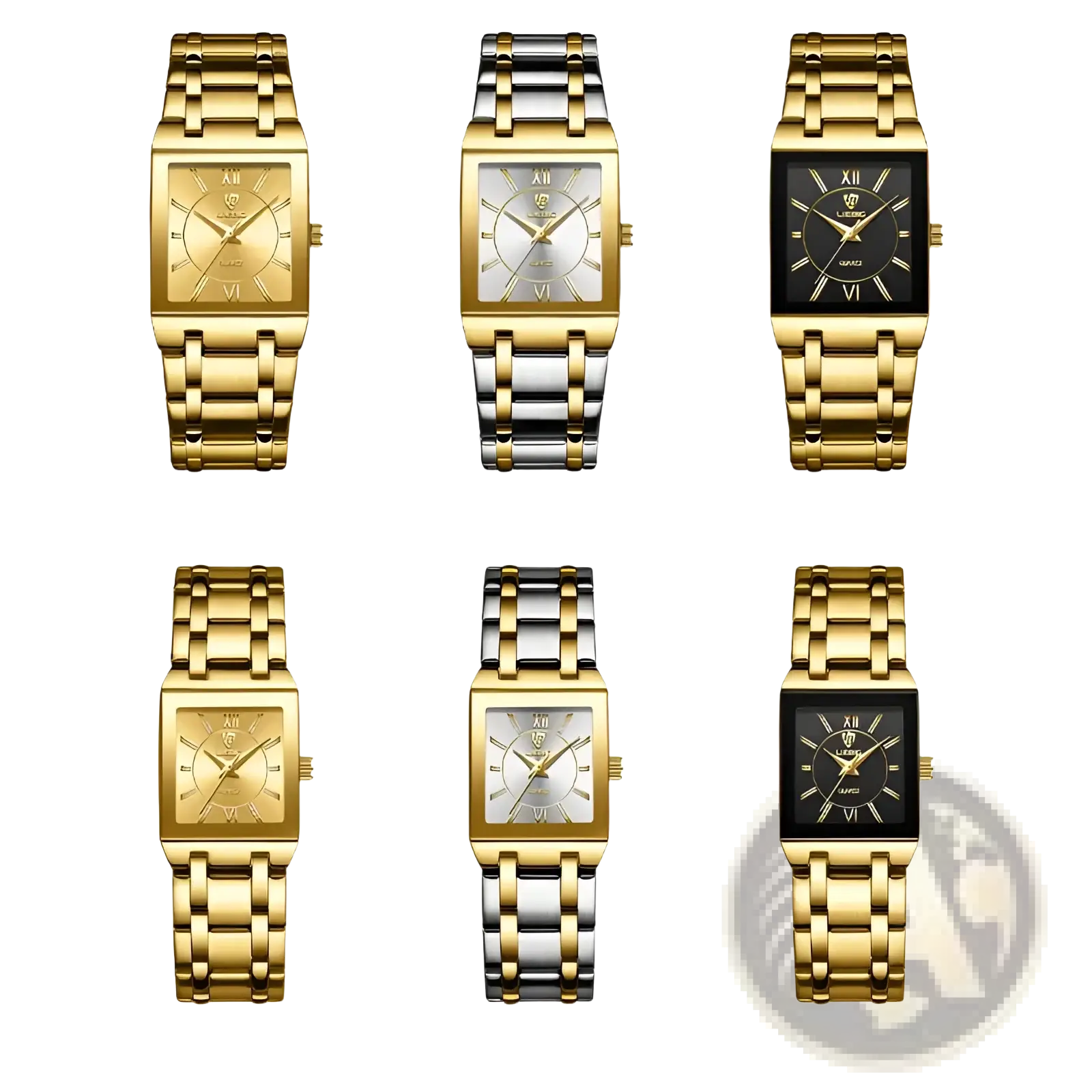 Liebig gold rectangular quartz watch with gold-toned roman numeral dial and stainless steel link bracelet for men and women