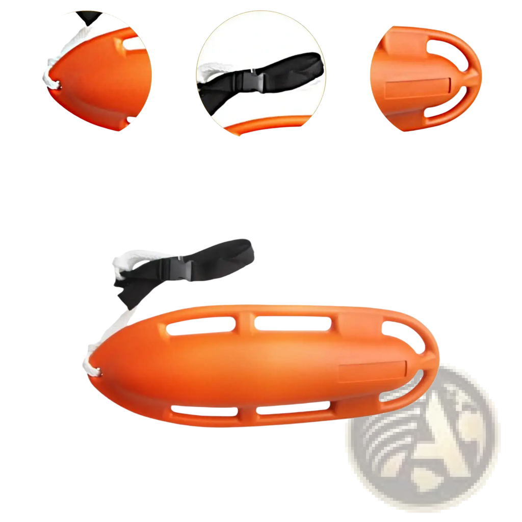 Bright orange plastic lifeguard rescue can with black adjustable strap and handles for water safety use