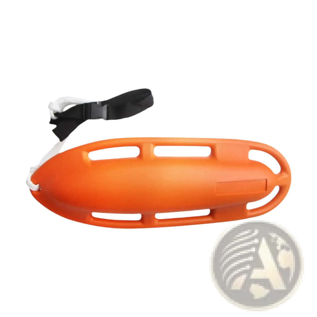 Bright orange plastic lifeguard rescue can with adjustable black and white strap and handles for water safety