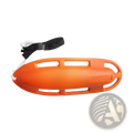 Bright orange plastic lifeguard rescue can with adjustable black and white strap and handles for water safety