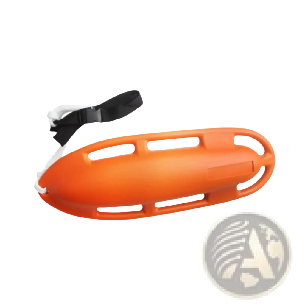 Bright orange plastic lifeguard rescue can with black and white adjustable strap and handles for safety