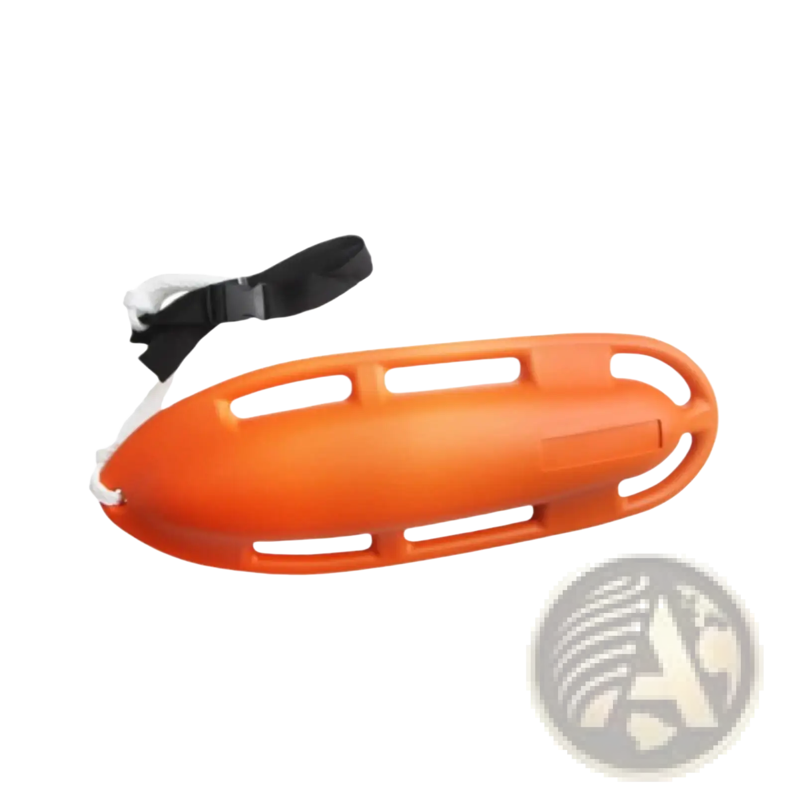 Bright orange plastic lifeguard rescue can with black and white adjustable strap and handles for safety