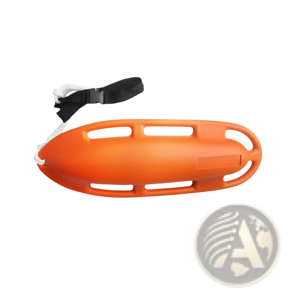 Bright orange plastic lifeguard rescue can with adjustable black and white strap and handles for water safety