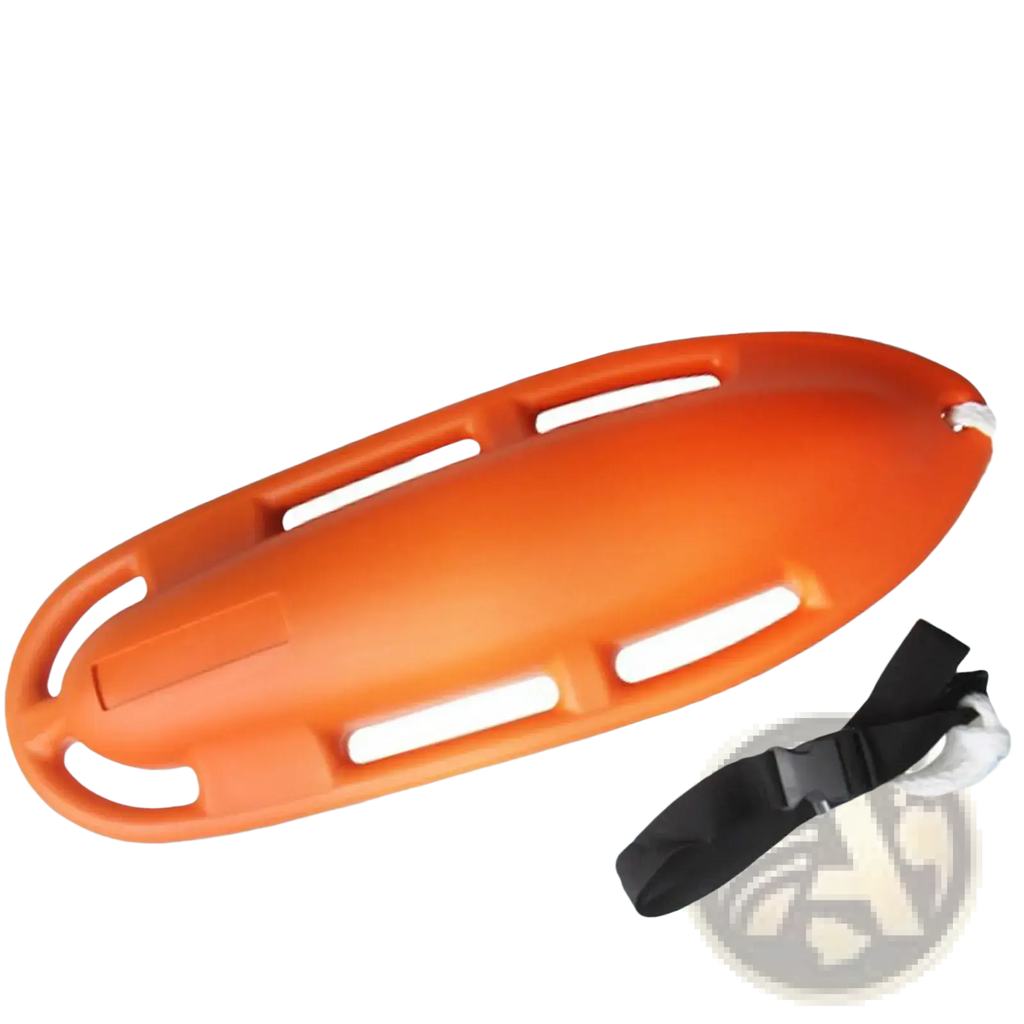 Bright orange plastic lifeguard rescue can with white handle slots and black adjustable strap for water safety
