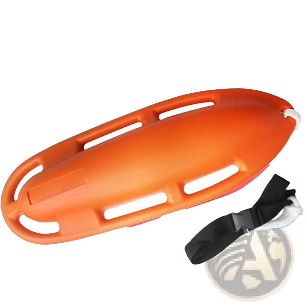 Orange plastic lifeguard rescue can with white handle slots and black adjustable strap for water rescue use