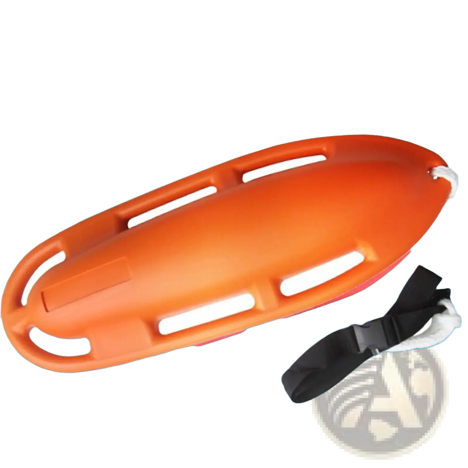Orange plastic lifeguard rescue can with white handle slots and black adjustable strap for water rescue use